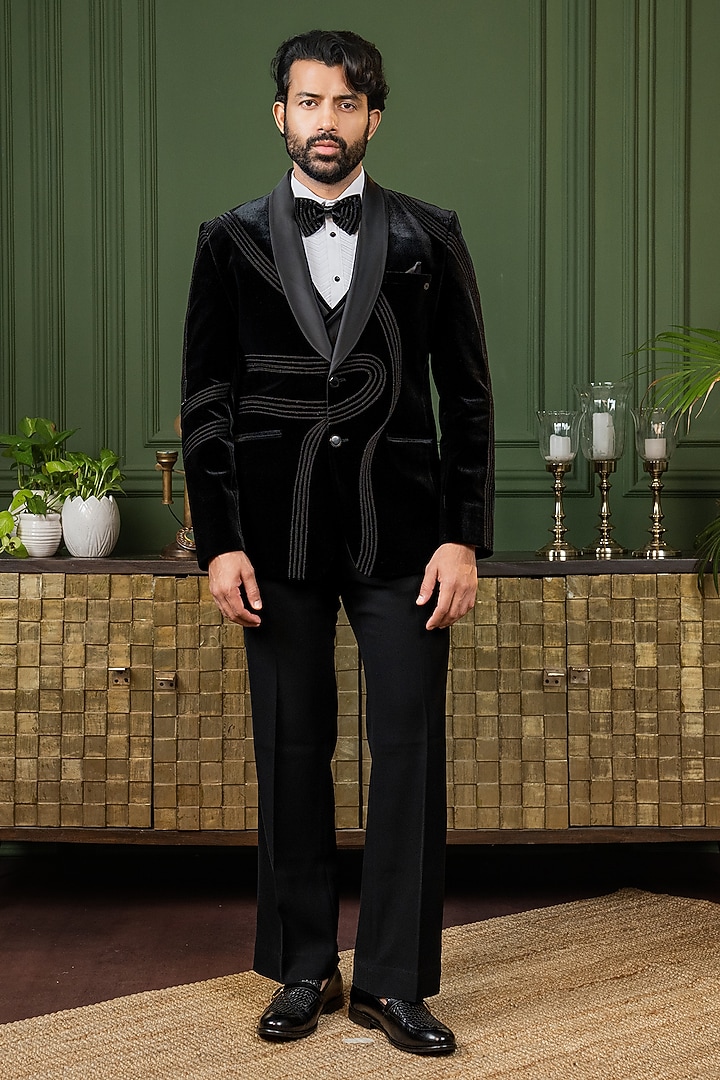 Black Silk Velvet Pearl Work Tuxedo Set by ADANI at Pernia's Pop Up Shop