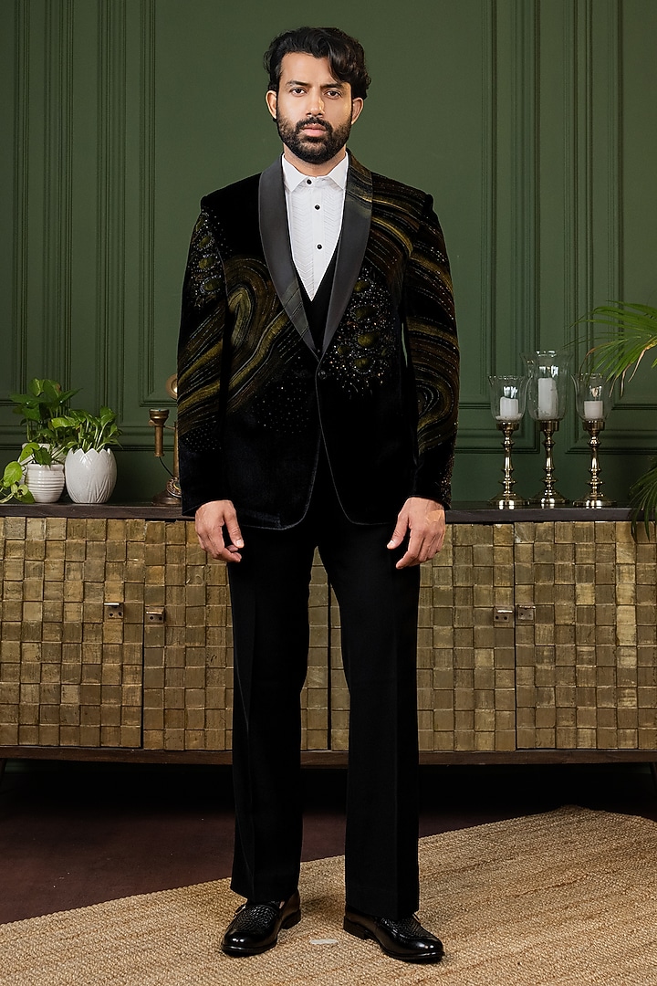 Black Silk Velvet Cutdana Embroidered Tuxedo Set by ADANI at Pernia's Pop Up Shop