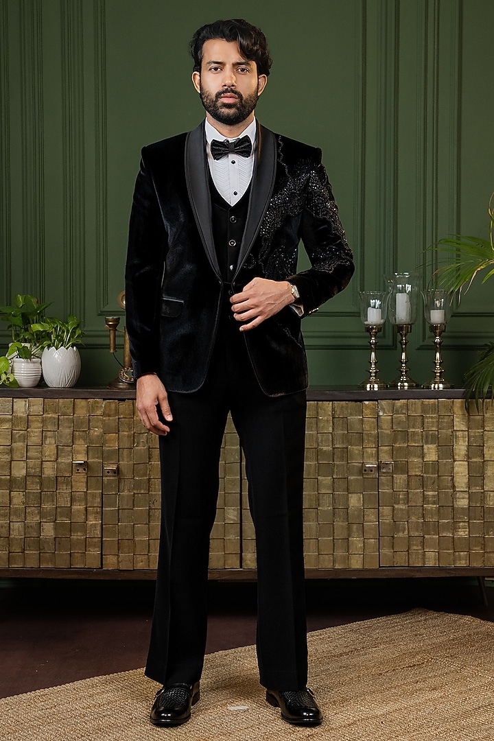 Black Silk Velvet Cutdana Embroidered Tuxedo Set by ADANI at Pernia's Pop Up Shop