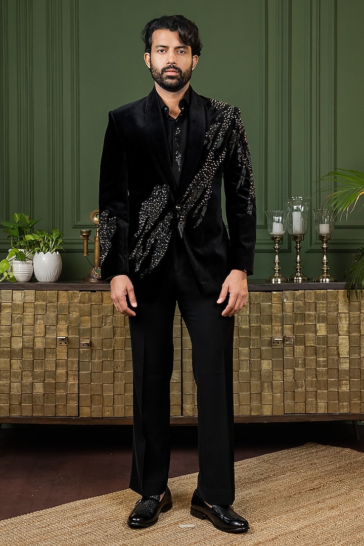 Black Cotton Velvet Cutdana Embellished Tuxedo Set by ADANI at Pernia's Pop Up Shop