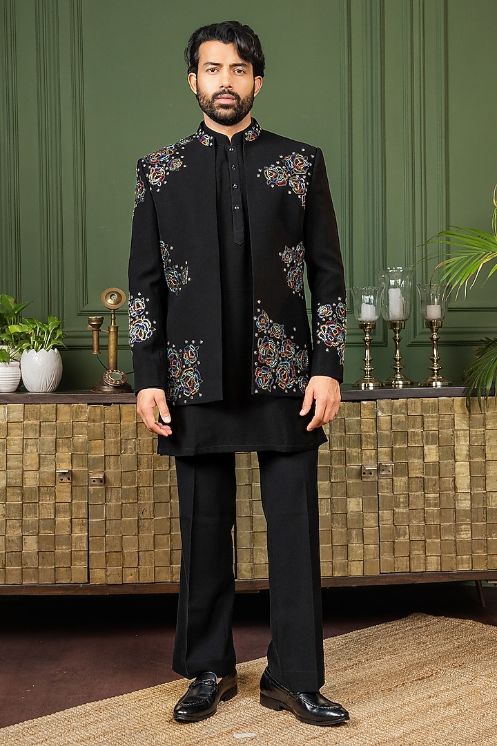 Black Polyester Lycra Thread Work Wedding Indowestern Set by ADANI at Pernia's Pop Up Shop