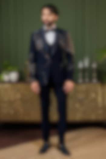 Blue Polyester Cutdana Embroidered Tuxedo Set by ADANI at Pernia's Pop Up Shop