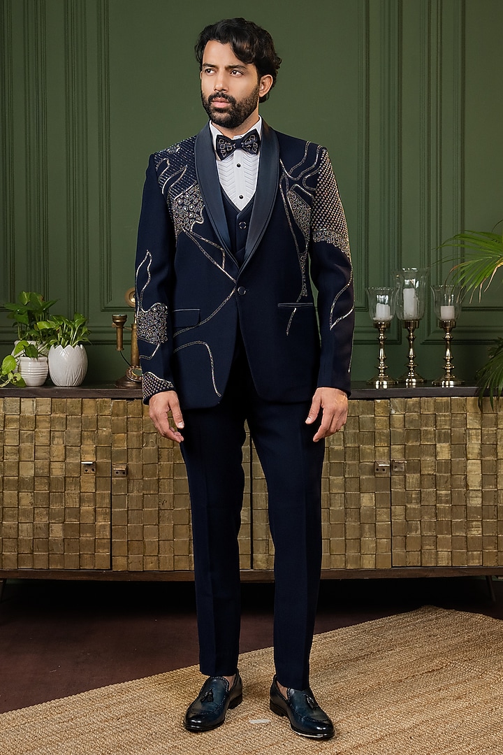 Blue Polyester Cutdana Embroidered Tuxedo Set by ADANI at Pernia's Pop Up Shop