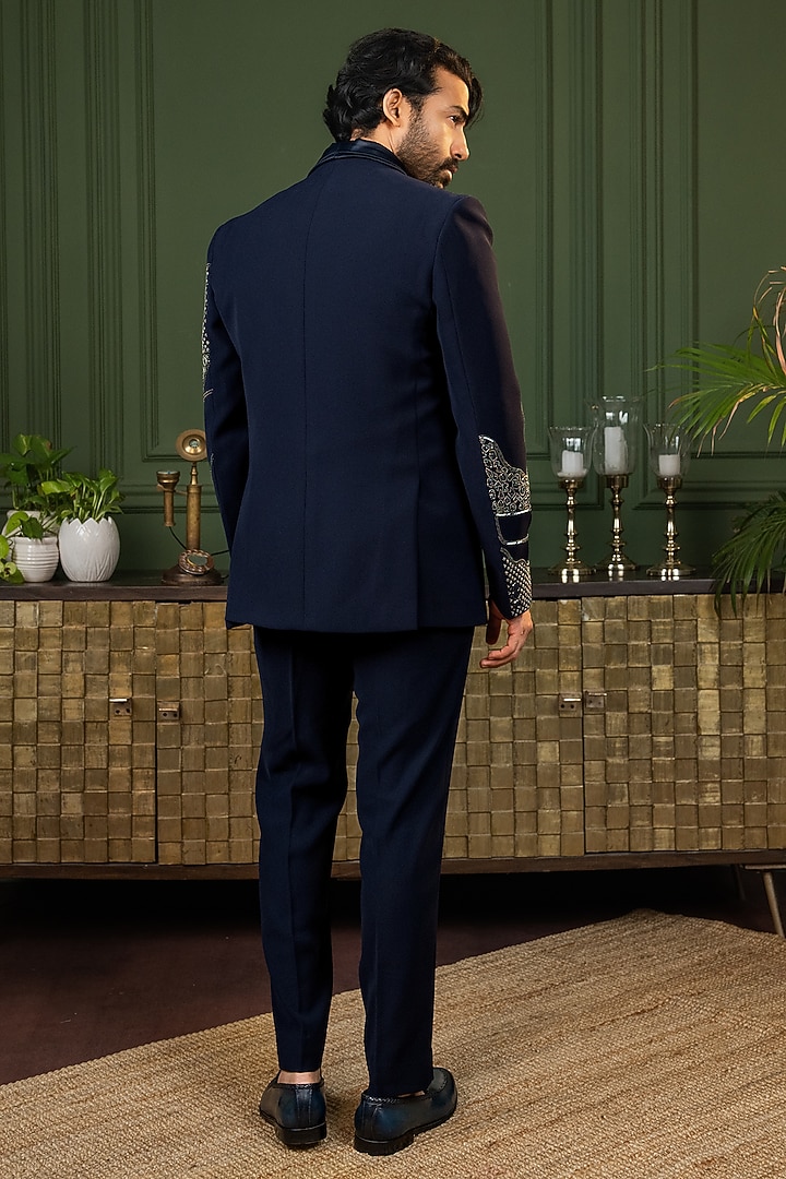 Blue Polyester Cutdana Embroidered Tuxedo Set by ADANI at Pernia's Pop Up Shop
