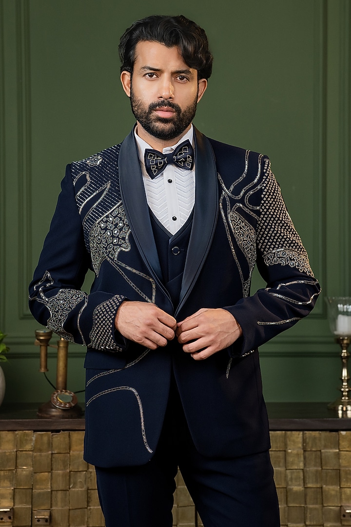 Blue Polyester Cutdana Embroidered Tuxedo Set by ADANI at Pernia's Pop Up Shop