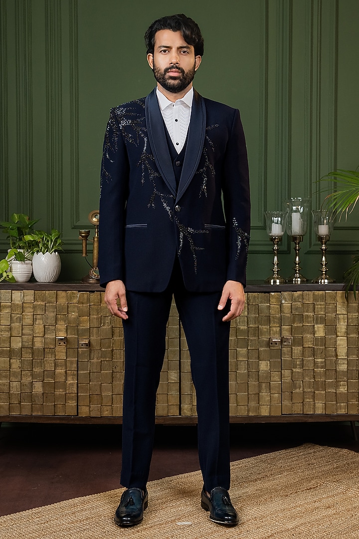 Blue Polyester Cutdana Embroidered Tuxedo Set by ADANI at Pernia's Pop Up Shop