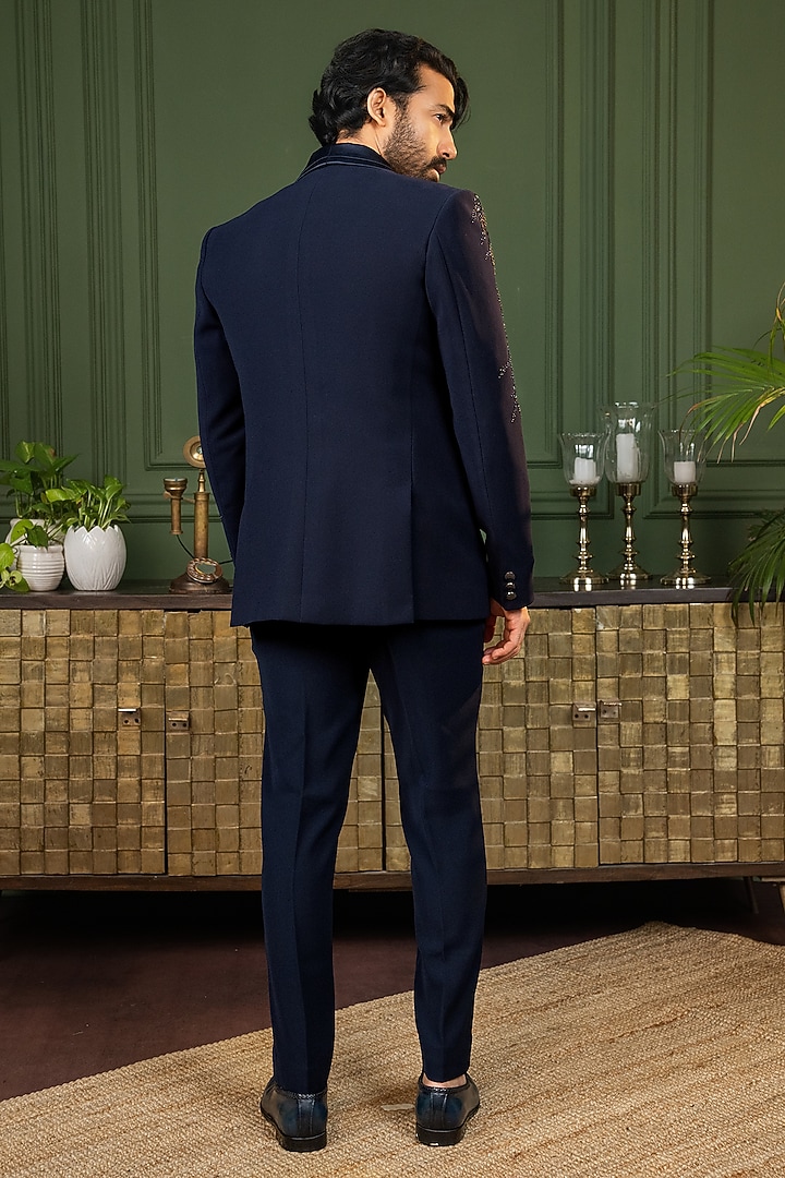 Blue Polyester Cutdana Embroidered Tuxedo Set by ADANI at Pernia's Pop Up Shop