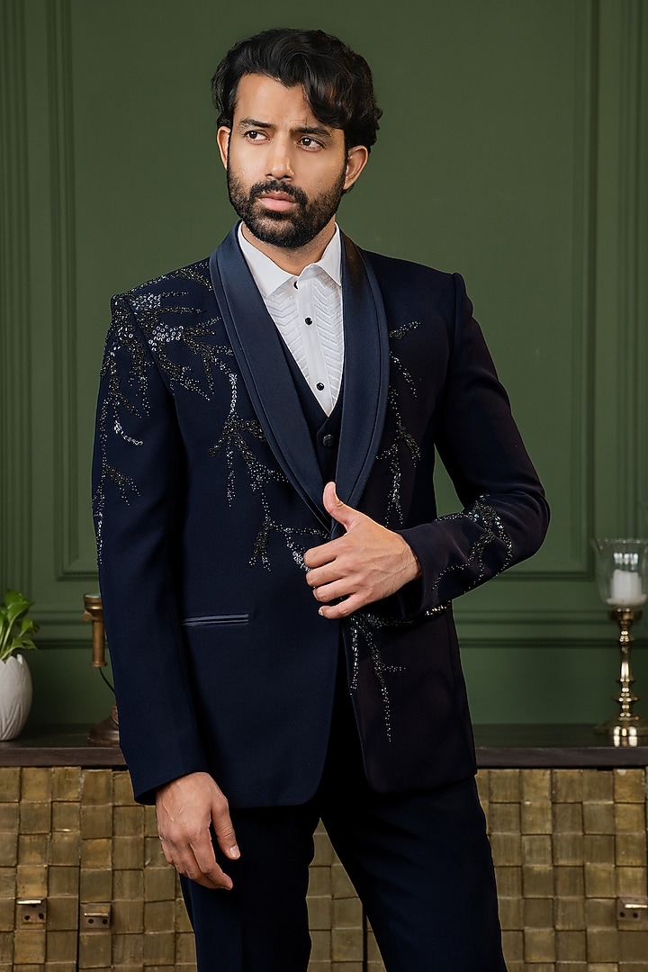 Blue Polyester Cutdana Embroidered Tuxedo Set by ADANI at Pernia's Pop Up Shop