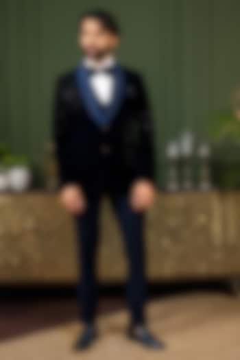 Blue Cotton Velvet Cutdana Embroidered Tuxedo Set by ADANI at Pernia's Pop Up Shop