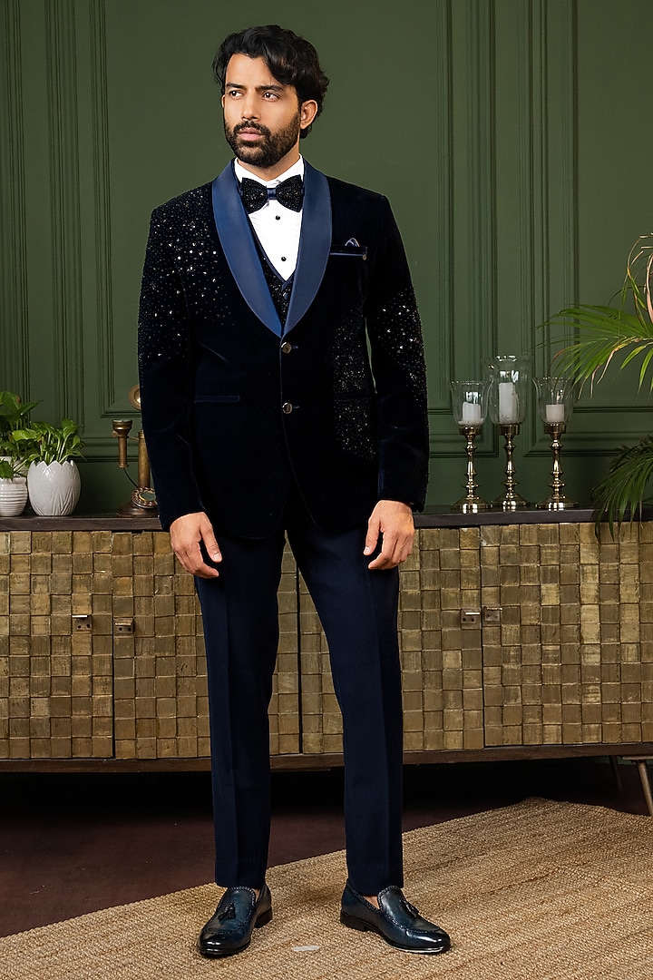 Blue Cotton Velvet Cutdana Embroidered Tuxedo Set by ADANI at Pernia's Pop Up Shop