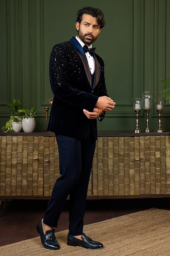 Blue Cotton Velvet Cutdana Embroidered Tuxedo Set by ADANI at Pernia's Pop Up Shop