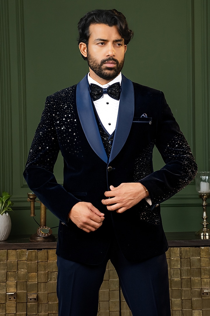 Blue Cotton Velvet Cutdana Embroidered Tuxedo Set by ADANI at Pernia's Pop Up Shop
