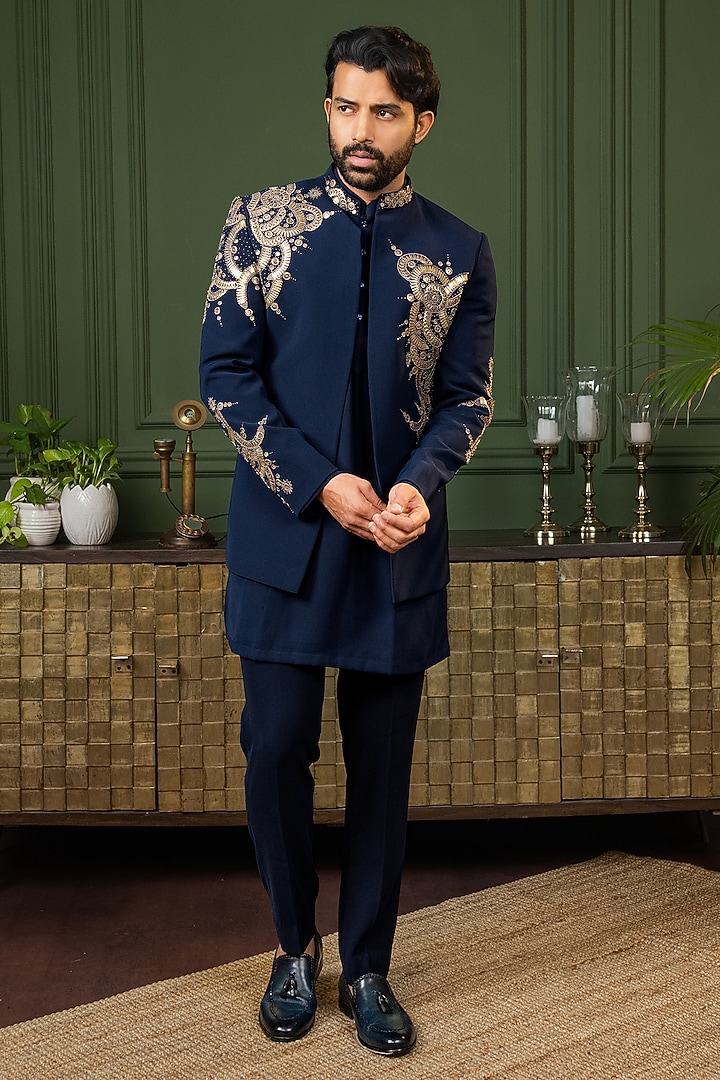 Blue Polyester Lycra Cutdana Embroidered Wedding Indowestern Set by ADANI at Pernia's Pop Up Shop