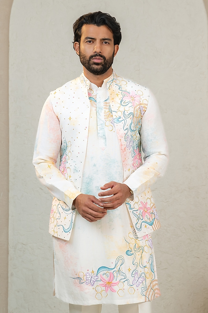 Ivory Dupion Handpainted & Cutdana Embroidered Bundi Jacket Set by ADANI at Pernia's Pop Up Shop