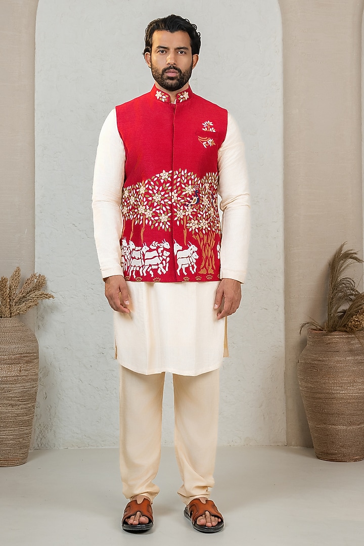 Maroon Raw Silk Machine Embroidered Bundi Jacket Set by ADANI at Pernia's Pop Up Shop
