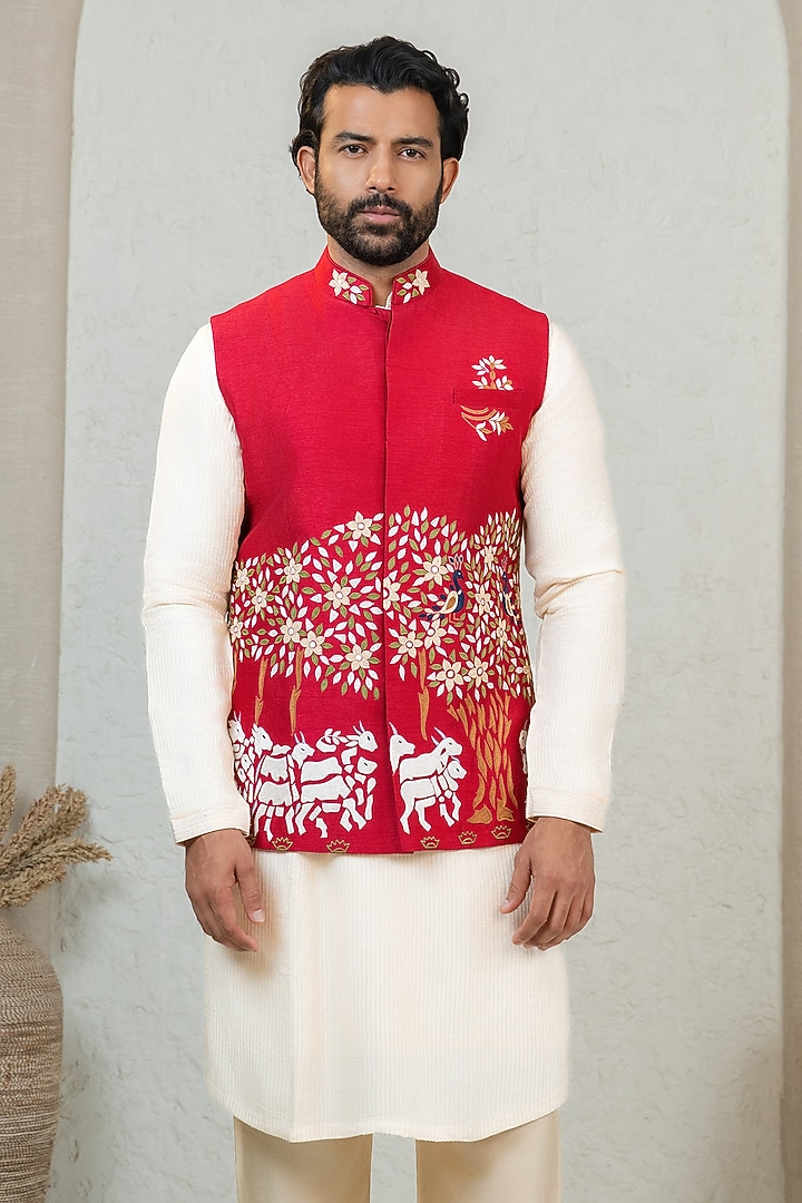 Maroon Raw Silk Machine Embroidered Bundi Jacket Set by ADANI at Pernia's Pop Up Shop