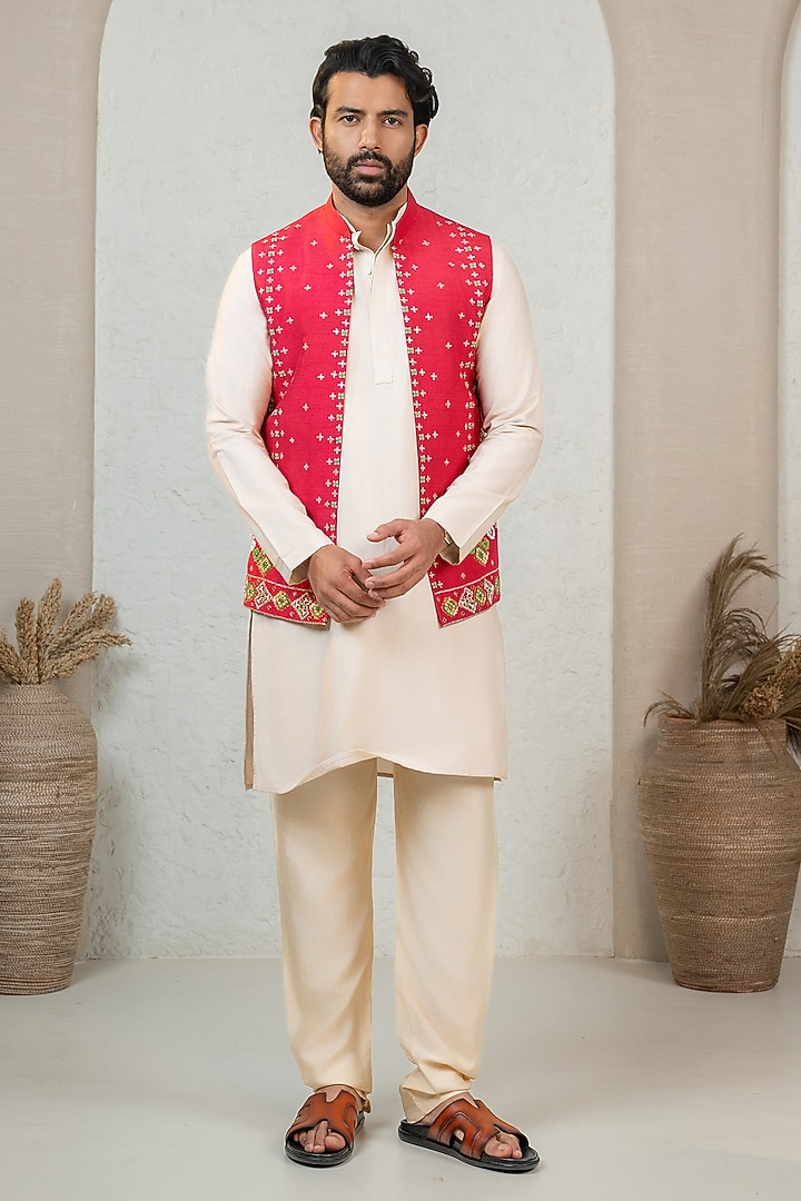 Red Dupion Cutdana Work Bundi Jacket Set by ADANI at Pernia's Pop Up Shop