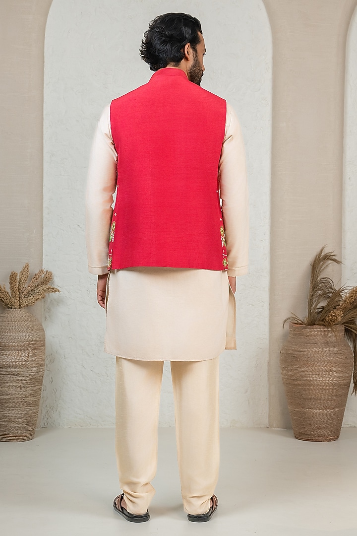 Red Dupion Cutdana Work Bundi Jacket Set by ADANI at Pernia's Pop Up Shop