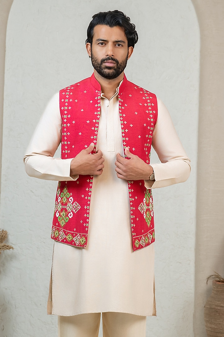 Red Dupion Cutdana Work Bundi Jacket Set by ADANI at Pernia's Pop Up Shop