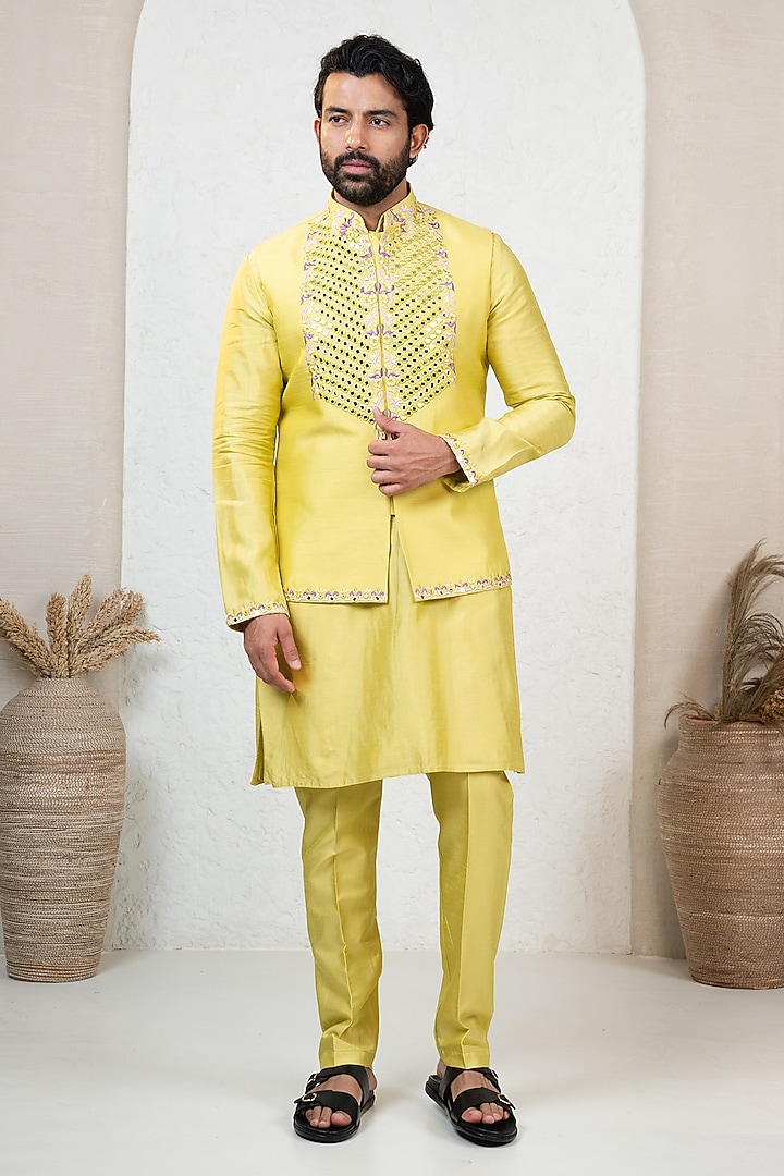 Yellow Dupion Mirror Work Bundi Jacket Set by ADANI at Pernia's Pop Up Shop