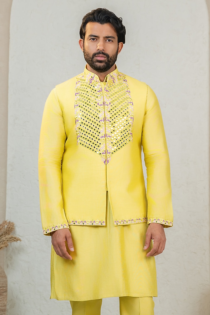 Yellow Dupion Mirror Work Bundi Jacket Set by ADANI at Pernia's Pop Up Shop