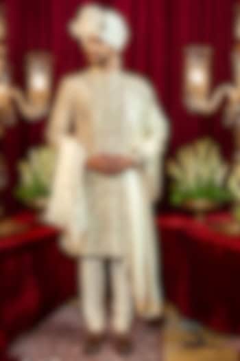 Ivory Silk Embroidered Groom Sherwani Set by ADANI at Pernia's Pop Up Shop