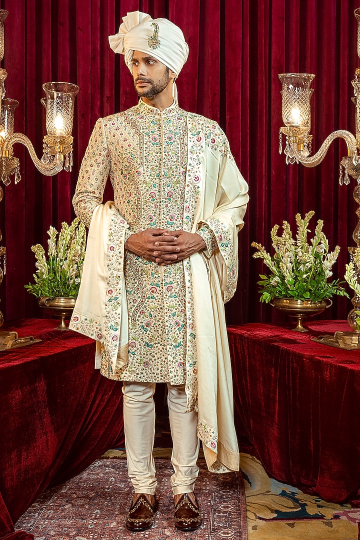 Ivory Silk Embroidered Groom Sherwani Set by ADANI at Pernia's Pop Up Shop