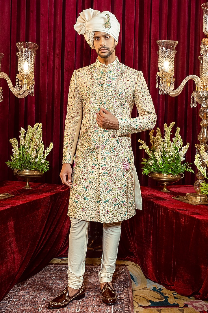 Ivory Silk Embroidered Groom Sherwani Set by ADANI at Pernia's Pop Up Shop