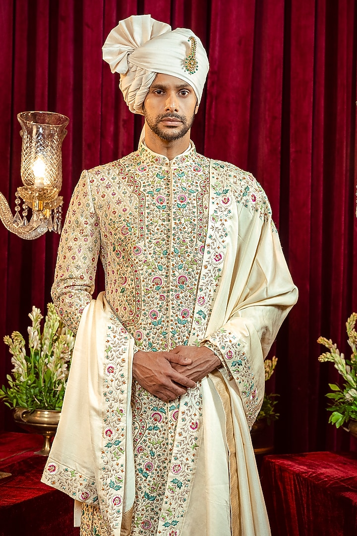 Ivory Silk Embroidered Groom Sherwani Set by ADANI at Pernia's Pop Up Shop