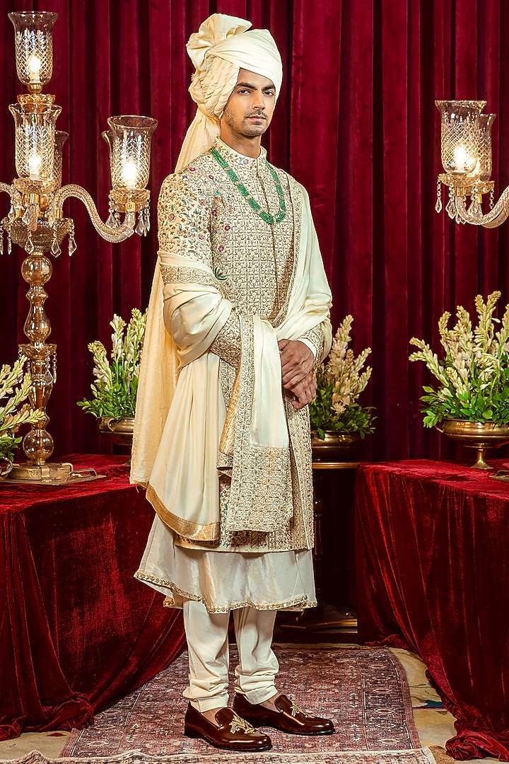 Ivory Raw Silk Resham Embroidered Groom Sherwani Set by ADANI at Pernia's Pop Up Shop