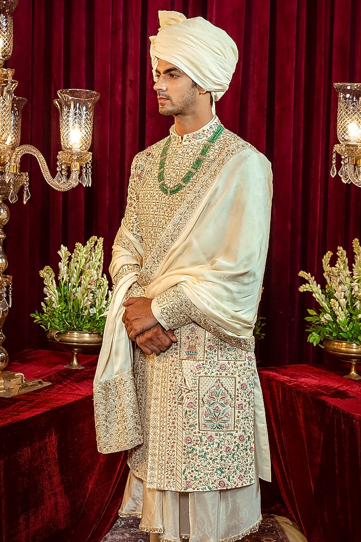 Ivory Raw Silk Resham Embroidered Groom Sherwani Set by ADANI at Pernia's Pop Up Shop