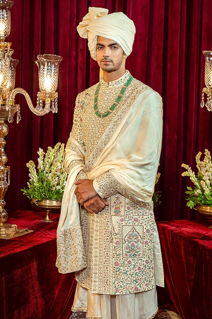 Ivory Raw Silk Resham Embroidered Groom Sherwani Set by ADANI at Pernia's Pop Up Shop
