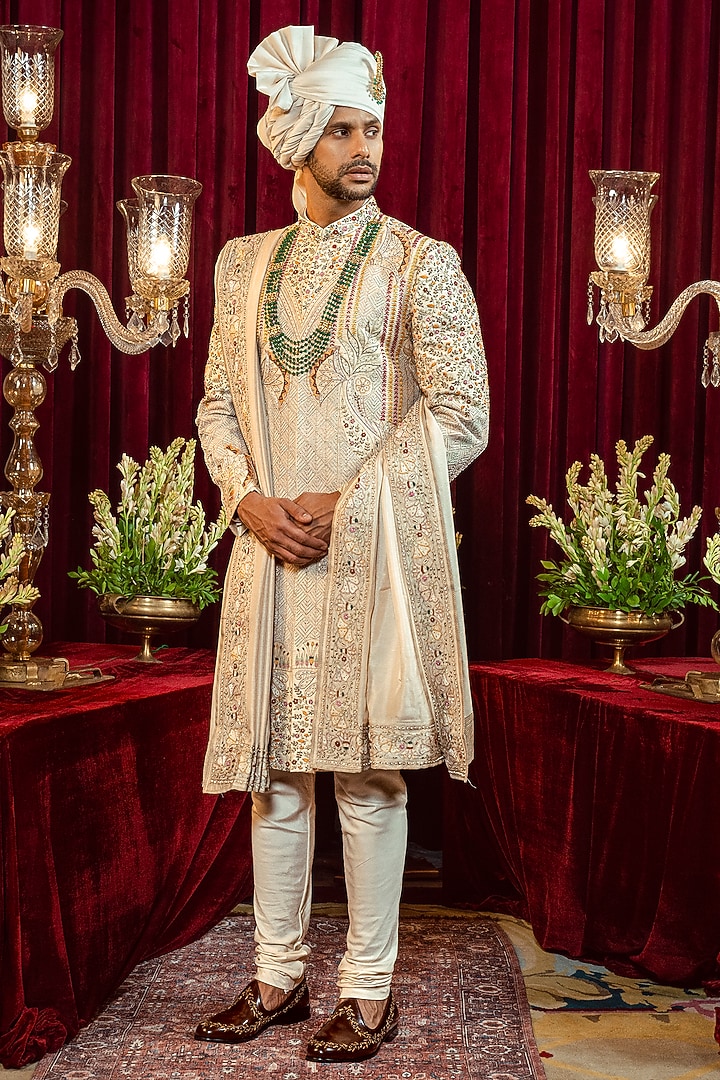 Ivory & Gold Raw Silk Resham Embroidered Groom Sherwani Set by ADANI at Pernia's Pop Up Shop