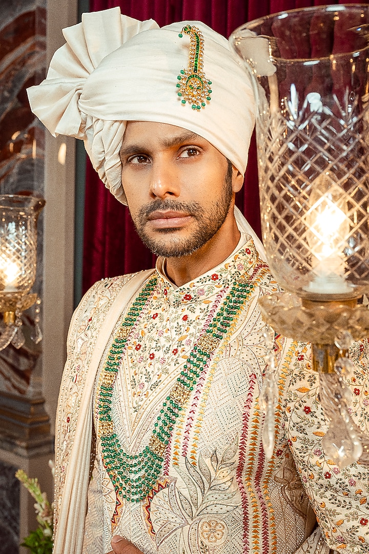 Ivory & Gold Raw Silk Resham Embroidered Groom Sherwani Set by ADANI at Pernia's Pop Up Shop