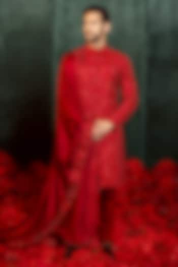 Dark Ruby Red Poly Lycra Resham Embroidered Sherwani Set by ADANI