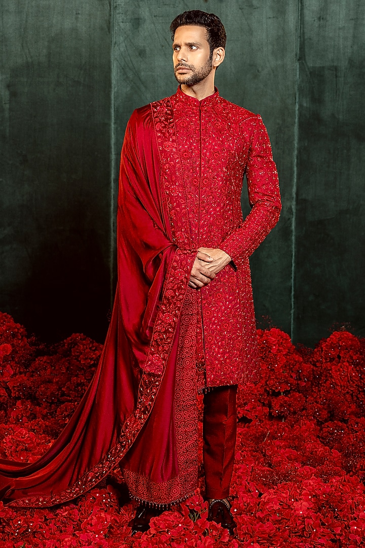 Dark Ruby Red Poly Lycra Resham Embroidered Sherwani Set by ADANI