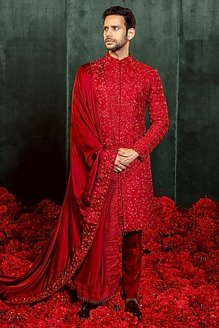 Dark Ruby Red Poly Lycra Resham Embroidered Sherwani Set by ADANI