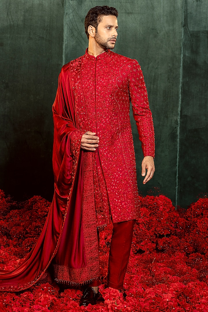 Dark Ruby Red Poly Lycra Resham Embroidered Groom Sherwani Set by ADANI at Pernia's Pop Up Shop