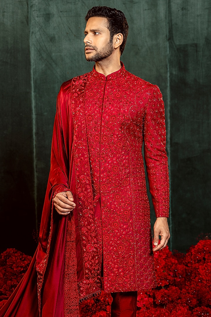 Dark Ruby Red Poly Lycra Resham Embroidered Groom Sherwani Set by ADANI at Pernia's Pop Up Shop