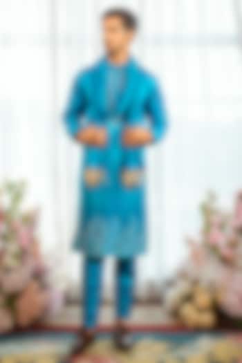 Turquoise Blue Silk Resham Embroidered Wedding Sherwani Set by ADANI at Pernia's Pop Up Shop