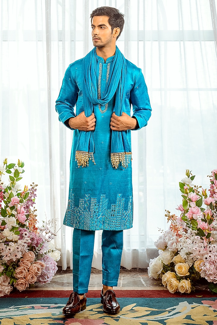 Turquoise Blue Silk Resham Embroidered Wedding Sherwani Set by ADANI at Pernia's Pop Up Shop