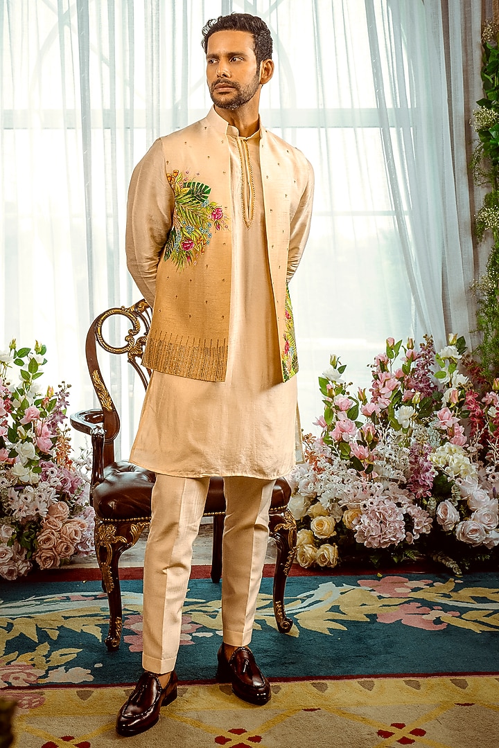 Light Gold Silk Cutdana Embroidered Nehru Jacket Set by ADANI at Pernia's Pop Up Shop