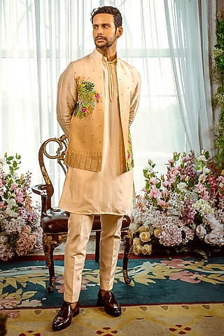 Light Gold Silk Cutdana Embroidered Nehru Jacket Set by ADANI