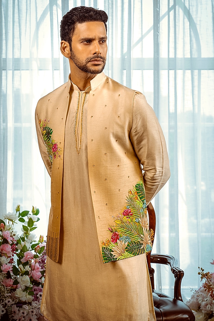 Light Gold Silk Cutdana Embroidered Nehru Jacket Set by ADANI at Pernia's Pop Up Shop