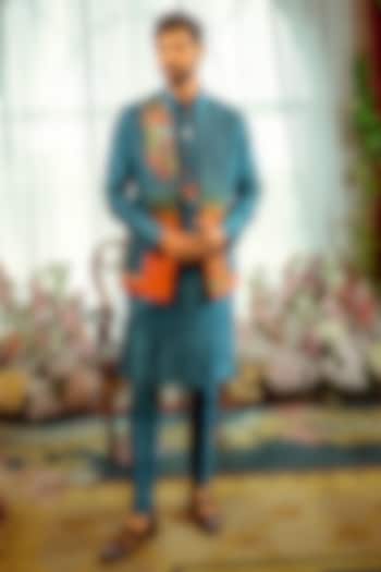 Teal Blue & Rust Ombre Silk Hand Embellished Nehru Jacket Set by ADANI at Pernia's Pop Up Shop