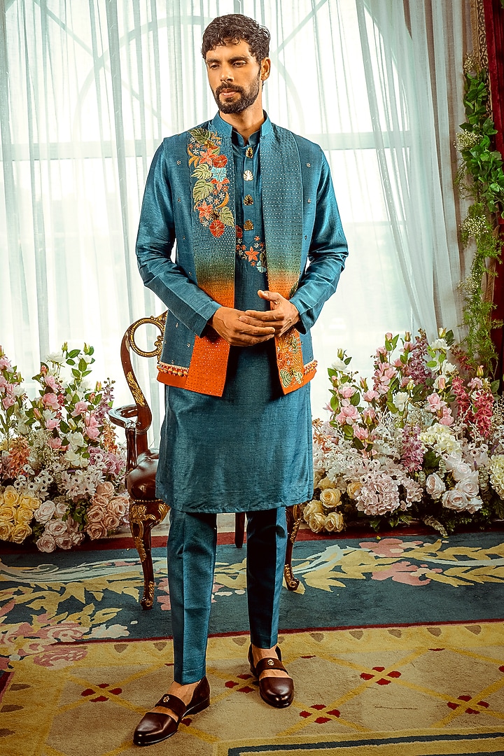 Teal Blue & Rust Ombre Silk Hand Embellished Nehru Jacket Set by ADANI at Pernia's Pop Up Shop