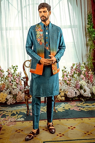 Teal Blue & Rust Ombre Silk Hand Embellished Nehru Jacket Set by ADANI