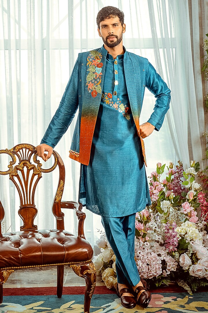Teal Blue & Rust Ombre Silk Hand Embellished Nehru Jacket Set by ADANI at Pernia's Pop Up Shop