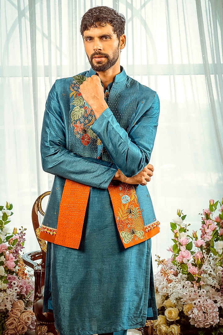 Teal Blue & Rust Ombre Silk Hand Embellished Nehru Jacket Set by ADANI at Pernia's Pop Up Shop