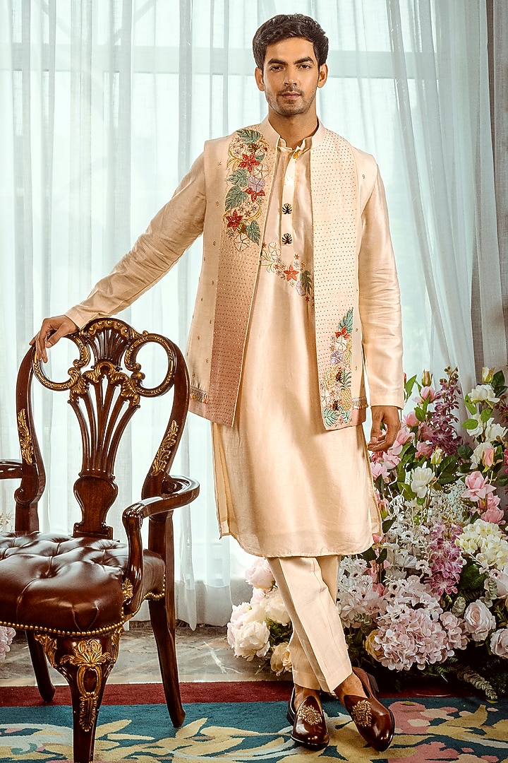 Light Gold Silk Cutdana Embroidered Nehru Jacket Set by ADANI at Pernia's Pop Up Shop
